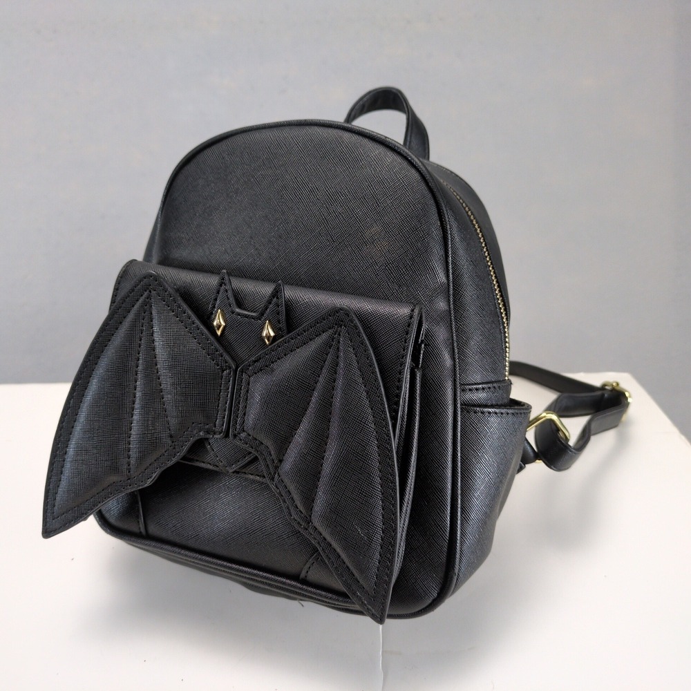 Black Faux Leather Bat Mini Backpack Purse Bag w Brass Eyes Halloween Goth Witch